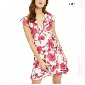 Free People French Quarter Floral Ruffle Mini Wrap Dress Short Sleeve Pink Sz.SP